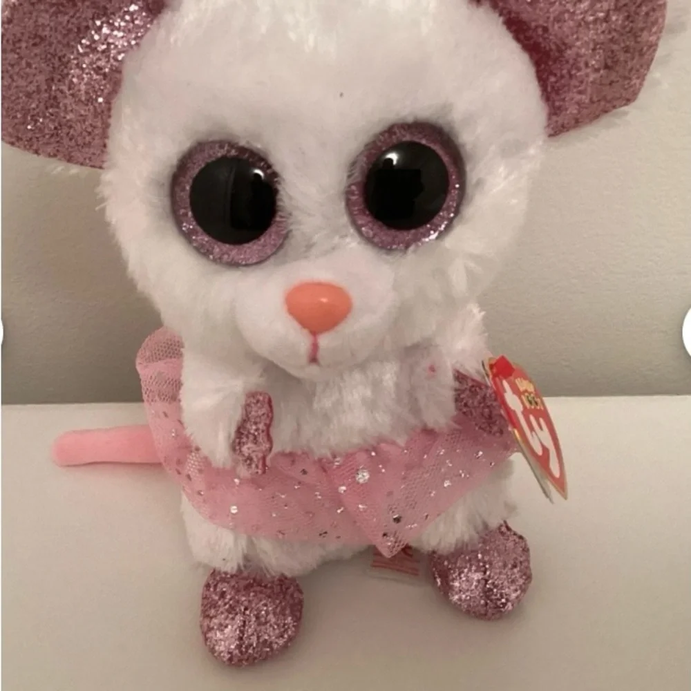 Ty White and Pink Plush Mouse Toy with Glittery Eyes